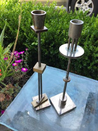 Ettore Sottsass For Swid Powell Silver Plated / Brass Candlesticks - Mcm -