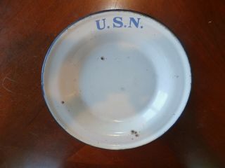 Vintage Antique Wwii Military Metal Enamelware Enameled Usn Navy Plate Bowl