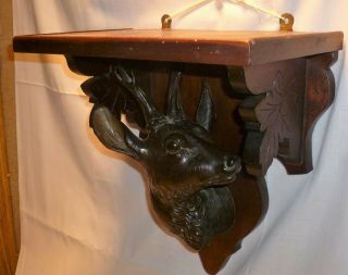 Antique Carved Wood Shelf Stag 13” X 8” X 14” Black Forest Bracket Deer Elk Vtg