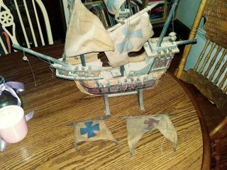 Vintage Goonies Blackbeard Pirate Ship Sail Boat Wood Model Oilcloth Sails Stand