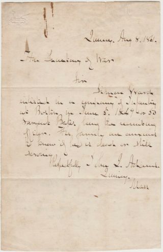 1861 Civil War Letter From John Quincy Adams Ii To Secretary Of War Re Soldier