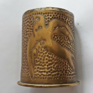 Trench Art Decorated Ww1 German Brass Shell Casing Vase 1918 Swallow Bird