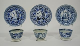 3 Chinese Blue & White Export Porcelain Tea Bowls & Saucers Flower Pattern C1800