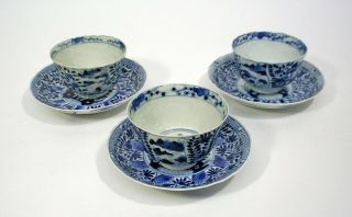 3 CHINESE BLUE & WHITE EXPORT PORCELAIN TEA BOWLS & SAUCERS FLOWER PATTERN c1800 4