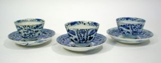 3 CHINESE BLUE & WHITE EXPORT PORCELAIN TEA BOWLS & SAUCERS FLOWER PATTERN c1800 5