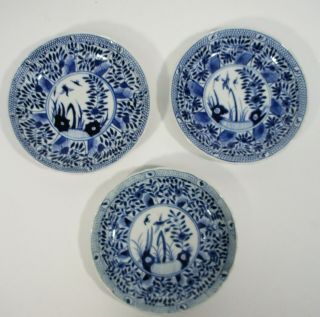 3 CHINESE BLUE & WHITE EXPORT PORCELAIN TEA BOWLS & SAUCERS FLOWER PATTERN c1800 7