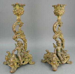 Fine Antique Pair French Gilt Gold Clock Garniture Cupid Candlesticks 5
