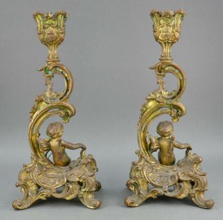 Fine Antique Pair French Gilt Gold Clock Garniture Cupid Candlesticks 8