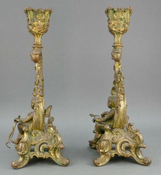 Fine Antique Pair French Gilt Gold Clock Garniture Cupid Candlesticks 9