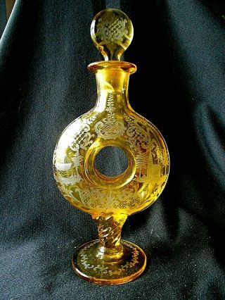 Lg.  Glass Donut Shape Decanter / Superbly Etched Scenes - Bohemian / Czech