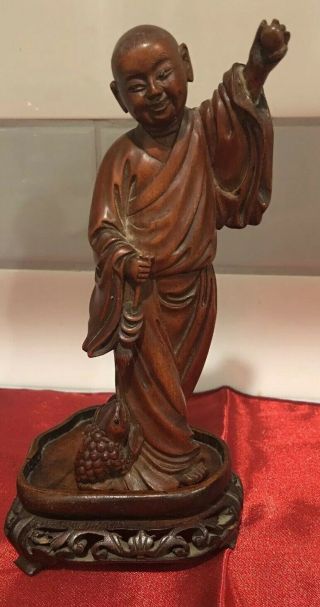Chinese Hand Carved Small Wooden Statue Boy Stand