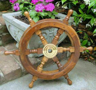 18 " Wood / Brass Ship Wheel Nautical Maritime Wall Decor Pirate Captain Gift