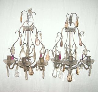 Pr.  French Silver Plated Bronze Sconces Quality Crystal Prisms & Bobeches