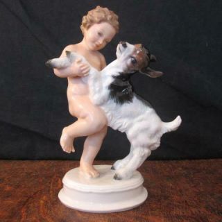 Vintage 20thc Rosenthal Porcelain M.  H.  Fritz Naked Putti With Kid Goat Figure