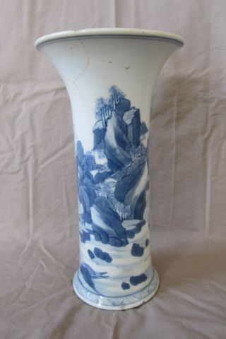 Antique Chinese Kangxi Blue & White Tall Vase Landscape Scene Hand Painted.  Af