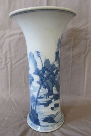 Antique Chinese KANGXI blue & white tall vase landscape scene hand painted.  AF 3