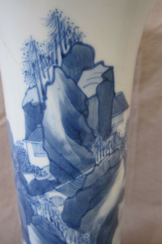 Antique Chinese KANGXI blue & white tall vase landscape scene hand painted.  AF 7