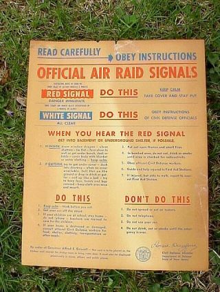Early 1950s Jersey Civil Defense 11x14 " Cardstock Poster Air Raid Signals