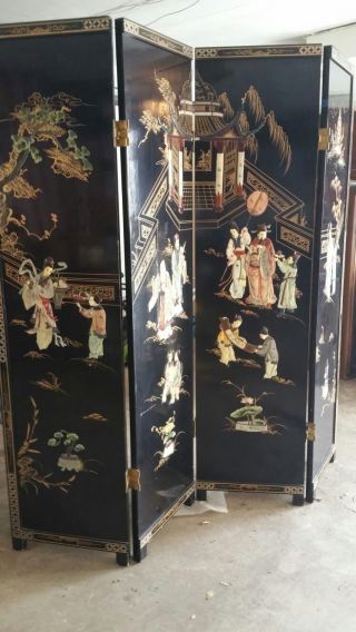 Vintage Oriental Mother Of Pearl Abalone Inlaid 4 Panel Screen 72 " Tall