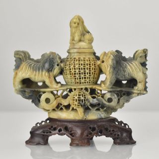 Antique Chinese Hand Carved Soapstone Incense Burner With Foo Dogs