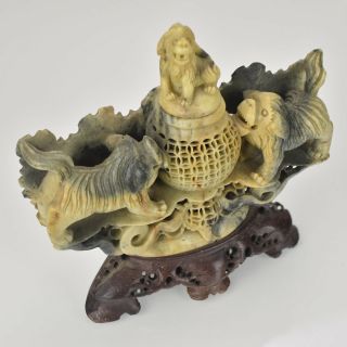 Antique Chinese Hand Carved Soapstone Incense Burner with Foo Dogs 2