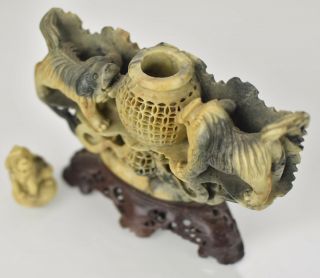 Antique Chinese Hand Carved Soapstone Incense Burner with Foo Dogs 3