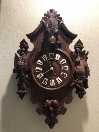 Antique French Carved Oak Renaissance Hunters Wall Clock 1800s