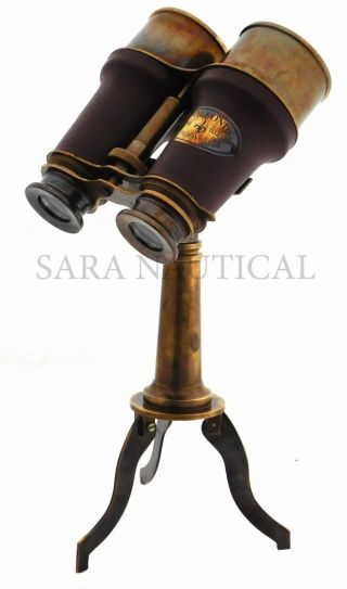 Nautical Brass Binocular Leather Antique Desk Telescope With Table Tripod Stand
