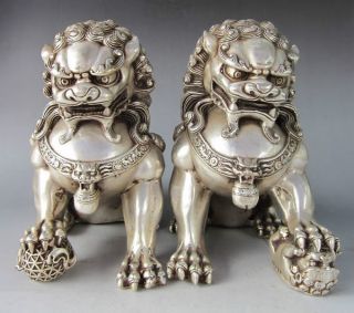 8inch Big Tibet Silver Fu Foo Dog Guardian Lion Argent Statue Pair