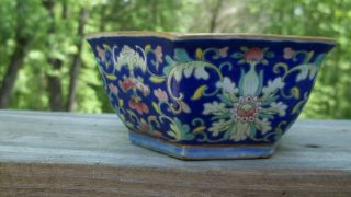 Antique Chinese Famille Rose Enamel Turquoise Signed 6 Sided Floral Bowl Footed