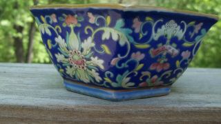 ANTIQUE CHINESE FAMILLE ROSE ENAMEL TURQUOISE SIGNED 6 SIDED FLORAL BOWL FOOTED 2
