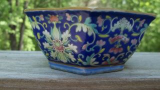 ANTIQUE CHINESE FAMILLE ROSE ENAMEL TURQUOISE SIGNED 6 SIDED FLORAL BOWL FOOTED 3