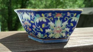 ANTIQUE CHINESE FAMILLE ROSE ENAMEL TURQUOISE SIGNED 6 SIDED FLORAL BOWL FOOTED 4