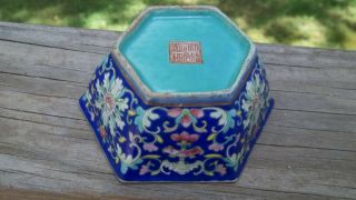 ANTIQUE CHINESE FAMILLE ROSE ENAMEL TURQUOISE SIGNED 6 SIDED FLORAL BOWL FOOTED 6