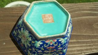 ANTIQUE CHINESE FAMILLE ROSE ENAMEL TURQUOISE SIGNED 6 SIDED FLORAL BOWL FOOTED 9