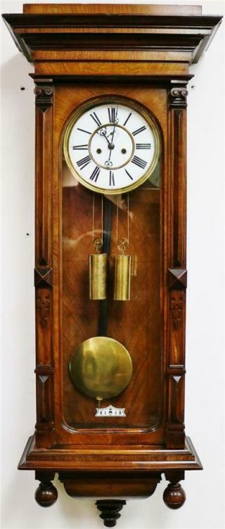 Antique Large German 8 Day Twin Weight Carved Walnut Vienna Regulator Wall Clock