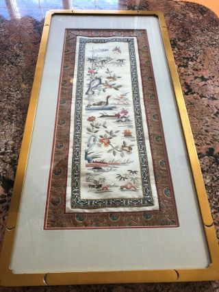 Framed Antique Vintage Chinese Embroidered Robe Sleeve Panels Forbidden Stitch
