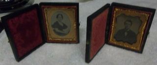 2 Antique Ambrotype Glass/gold Mini Photos Book Frame Civil War Era Lady Man Ny