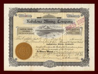 1903 Seattle Washington Kabalona Mining Company Stock - H.  W.  Nagley Of Alaska?