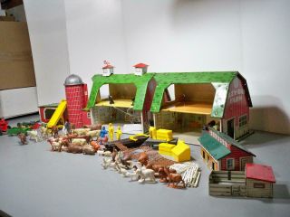 Marx Farm Set Buildings W/ Mixed Maker Animals & Impliments Vintage 1950 - 60 