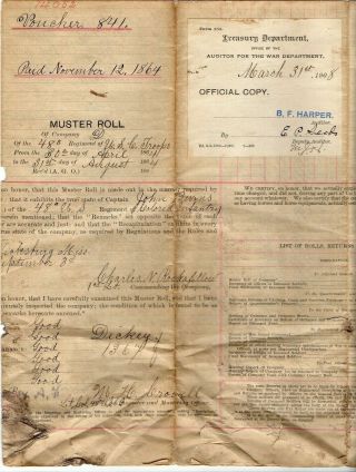 61995 Civil War Muster Roll Co D 48th Regt Us Colored Troops 4 - 8/ 1864 Vicksburg