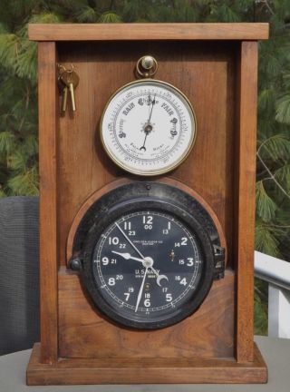 Us Navy Chelsea Clock & Phbn Naudet Brass Aneroid Barometer Display Case