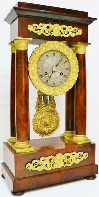 Rare Antique French 8 Day Bell Striking Mahogany & Bronze Portico Mantel Clock