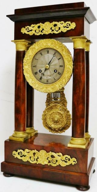 Rare Antique French 8 Day Bell Striking Mahogany & Bronze Portico Mantel Clock 3