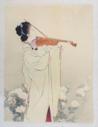 Beauty,  Flowers,  Violin Japanese Print Rare Kuchi - E Kiyokata