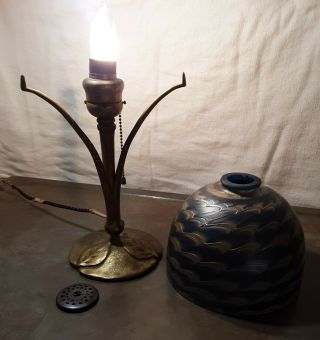 Tiffany Studios Lamp Base W/damascene Shade And Brass Heat Cap 4