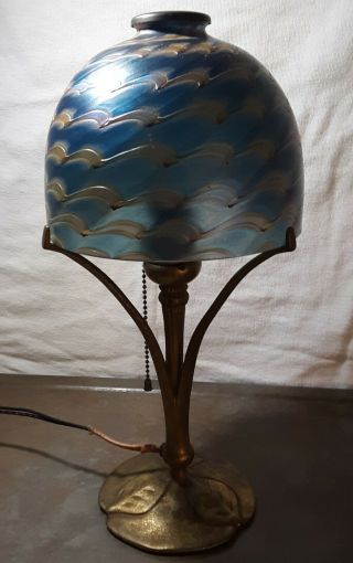 Tiffany Studios Lamp Base W/damascene Shade And Brass Heat Cap 7