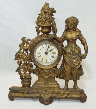 Old Antique Ansonia Girl With Vase Of Flowers Figural Clock Ornate Dated 1878
