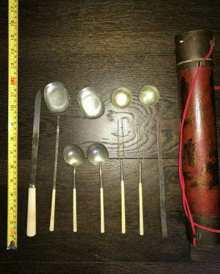 Antique Rare Qing - Dynasty Chinese Eating Set In Painted Tube Knife Sword