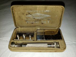Vintage Ww1 Army Gillette Safety Razor Shaving Kit Khaki Box Set